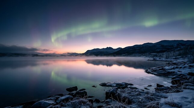 Spectacular aurora borealis illuminates a tranquil winter lake, casting vibrant green and purple reflections on calm, icy waters, with snow-dusted mountains at twilight