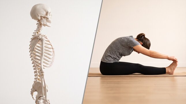 Human skeleton model and woman doing seated forward fold yoga pose for spine alignment