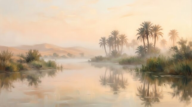 Tranquil desert oasis at dawn, with palm trees reflected in still water, bathed in soft, golden light