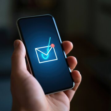 Hand holding smartphone displaying email notification icon with unread message indicator on screen