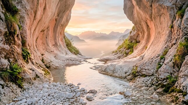 Majestic mountain gorge with a tranquil stream flowing through, leading to a misty valley at sunrise