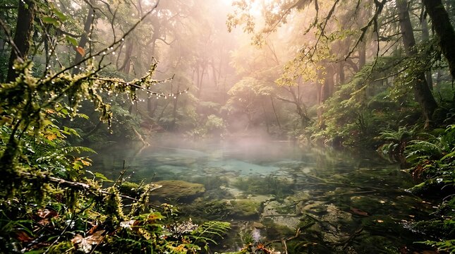 Misty ethereal forest pool with moss-covered branches and sunbeams filtering through the canopy