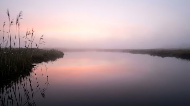 Serene misty dawn over a tranquil river with reeds reflecting the soft pastel sky