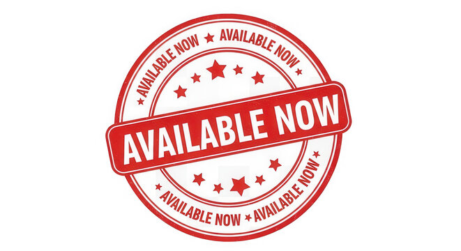 A red stamp with the words available now on it isolated on transparent background
