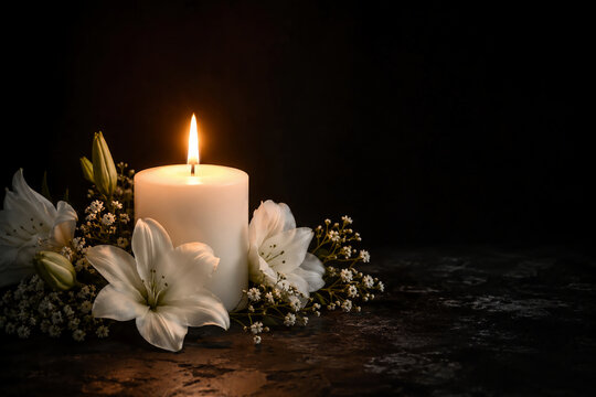 condolence background with burning candle and white lily flowers on dark background