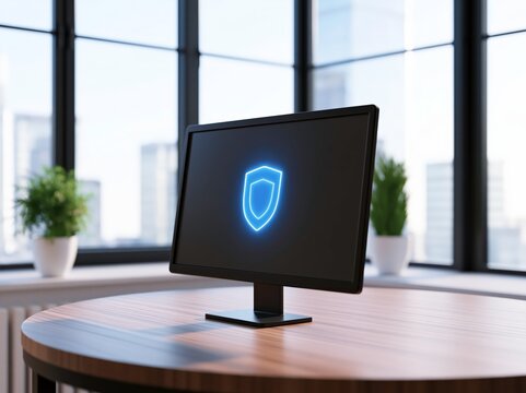 Monitor displays glowing shield icon representing AI SOC analyst on a clean desk in bright office setting