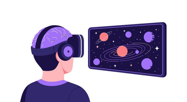 Virtual Reality Education Illustration of a Man with Exposed Brain Wearing VR Goggles Exploring Space and Planets in the Metaverse