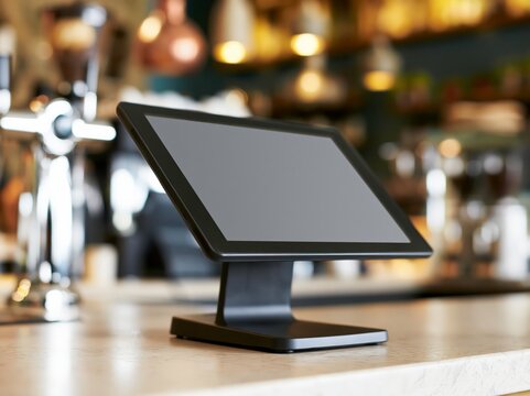 Point of sale tablet on restaurant counter prepared for order entry and management tasks