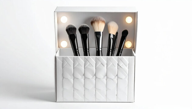 A white illuminated makeup brush organizer box filled with a collection of beauty tools