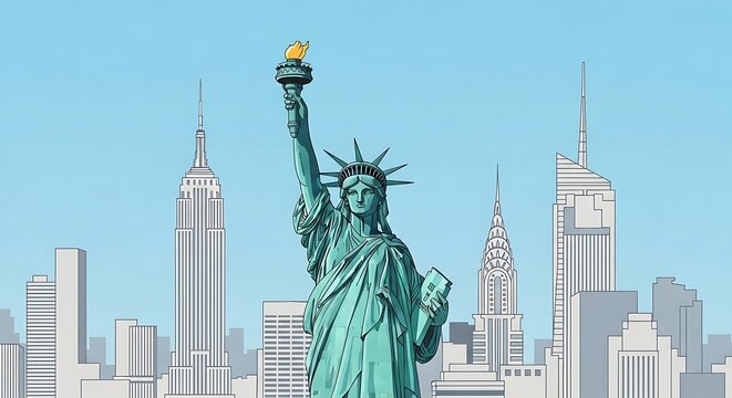 Statue of Liberty replica in modern cityscape background.