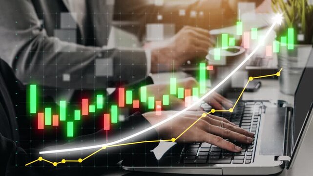 A professional business team works together, analyzing stock market trends with laptops and graphical visualizations in a modern office setting, fostering innovation. Copula