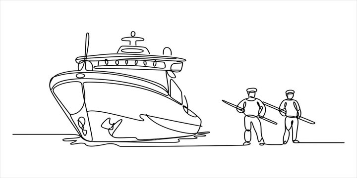 Continuous single line drawing of a large luxury yacht boat and two sailors standing holding oars as a simple minimalist nautical travel illustration