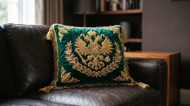 Green velvet throw pillow with gold embroidery on leather sofa