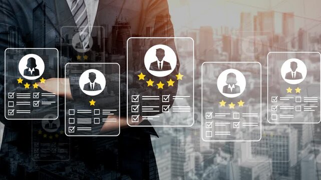 Professional Businessman Overlooking Futuristic Cityscape with Digital Resume and Ratings Graphics Representing Recruitment or Employment Process Gluon.