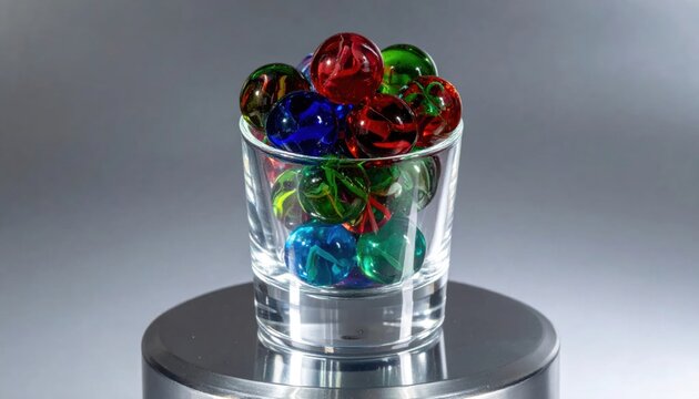 Vibrant Glass Marbles Overflowing in a Clear Shot Glass on a Display Stand