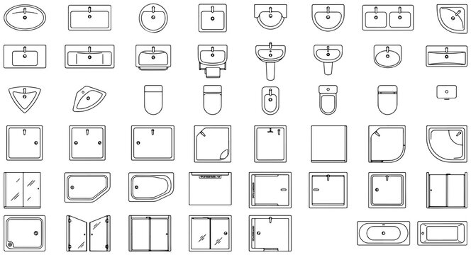 Architectural floor plan symbols for bathroom fixtures and shower enclosures in vector line art