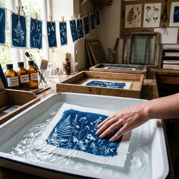 Artist developing cyanotype prints of ferns in a sunlit studio.