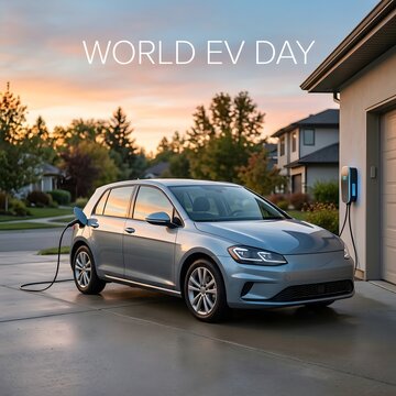 Modern electric car charging at home in a suburban driveway during a beautiful sunset