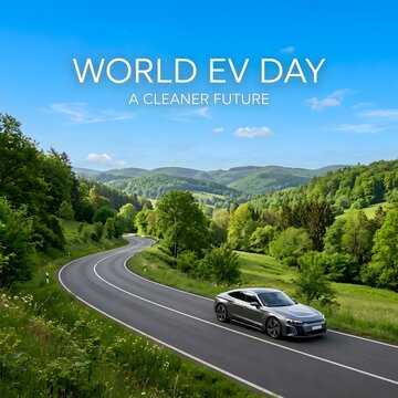 Modern electric car driving on a scenic road through green nature for world ev day