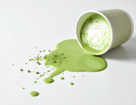 Green matcha latte tipping over and spilling onto a clean white table
