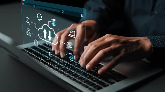 Hands Typing on Laptop with Cloud Technology and Digital Icons Representing Data Transfer, Connectivity, and Modern Communication Tools. Entropy.