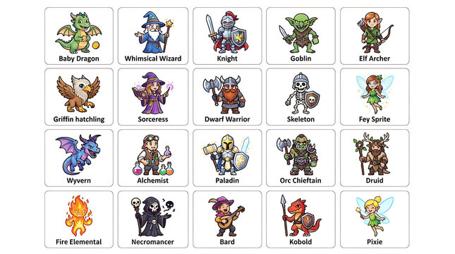 Fantasy RPG Characters and Mythical Creatures Vector Set