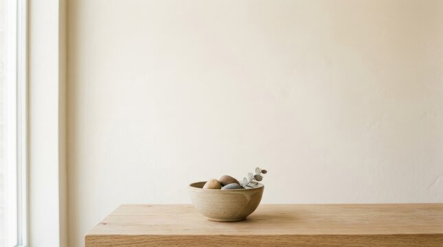 Simple bowl of smooth stones and twig decor