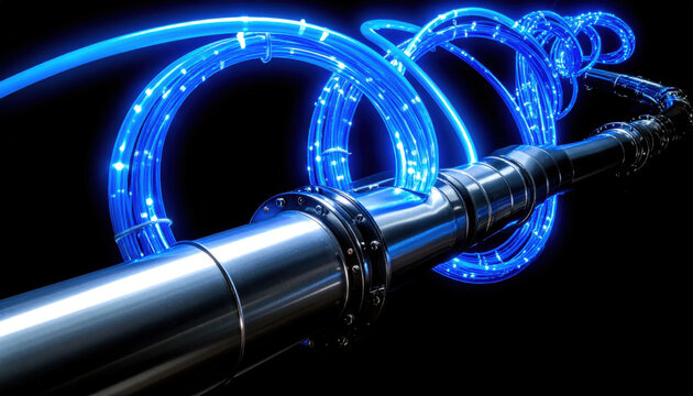 Futuristic metallic pipe with flowing blue energy lines representing advanced technology and power transmission