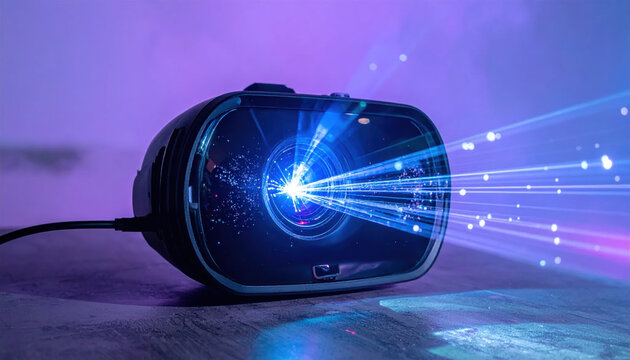 Futuristic virtual reality headset projecting luminous digital beams of light in a dark, purple-hued environment, showcasing immersive technology