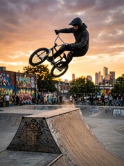 Fototapeta premium BMX Rider Soars Through Sunset Sky at Urban Skatepark.