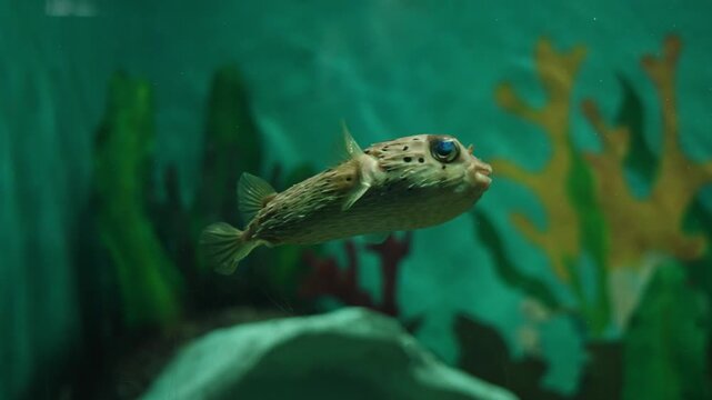 Portrait of spiny porcupine fish swimming inside aquarium tank