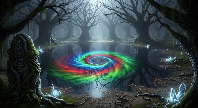 Abstract digital art of a colorful swirling vortex in dark space.