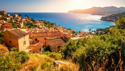 Naklejka premium Terracotta rooftops of a Mediterranean village overlook sparkling blue ocean waters under a warm, sunny sky.