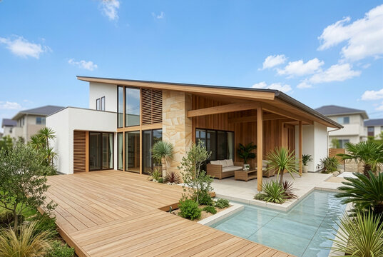 木製ルーバーと石張り外壁が印象的なリゾートモダン住宅、プール付きテラスとウッドデッキ