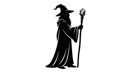 Fototapeta premium Silhouette of a wizard with a staff and a pointed hat