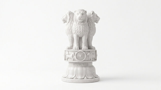 3D White Marble State Emblem of India Lion Capital of Ashoka Isolated on White Background