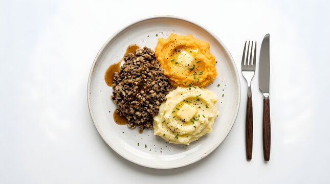 Traditional Scottish Haggis with mashed neeps and tatties on a white background. Perfect for culinary microstock designs