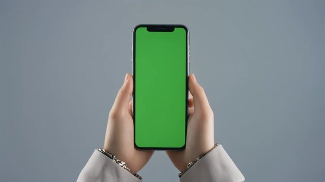 Clean modern smartphone with a vertical green tracking screen held by hands for app UI mockups, software demos, and digital marketing videos. Professional stock video.
