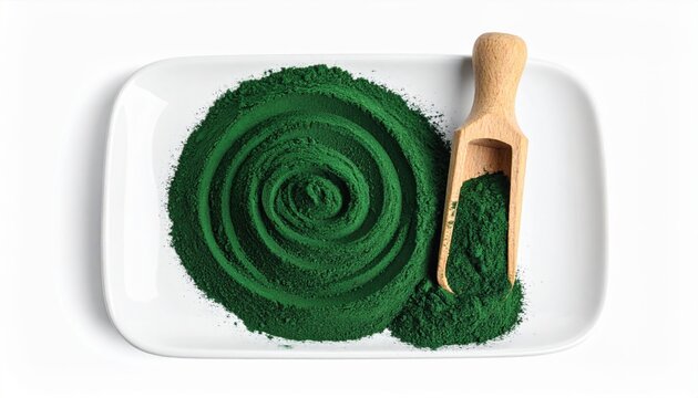 Vibrant Green Spirulina Powder in a Swirl with a Wooden Scoop on a White Plate