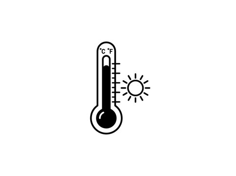 Thermometer showing hot temperature with sun icon