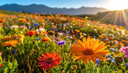 Obraz premium Vibrant Sun-Drenched Wildflower Meadow With Blooming Orange Daisies And Mountains
