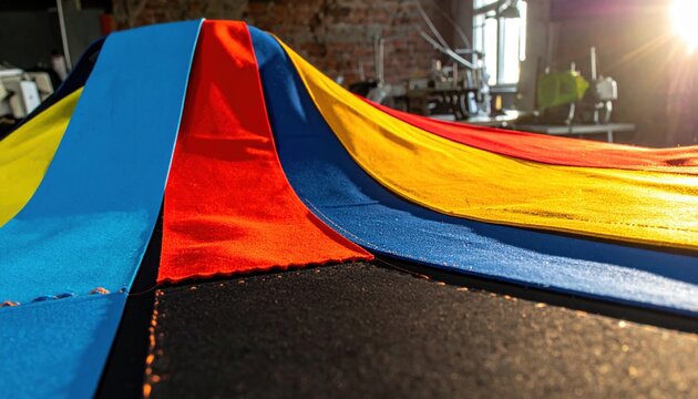 Vibrant, overlapping fabric swathes of red, blue, and yellow displayed in an industrial production setting