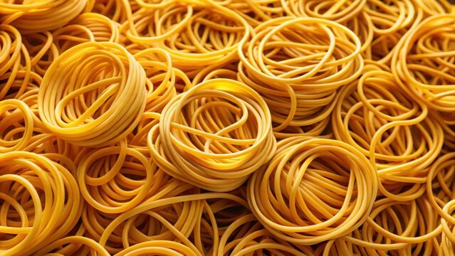 Raw uncooked yellow spaghetti pasta tangled in a pile