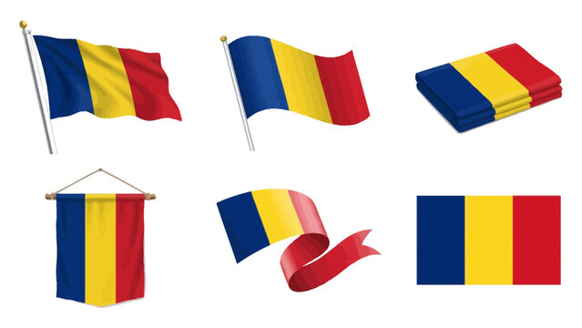 Romania flag set with blue yellow and red vertical stripes in waving folded and hanging positions.