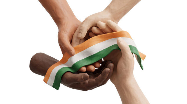 Diverse Hands Holding Indian Tricolor Ribbon Representing Unity in Diversity