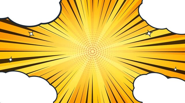 Comic book style yellow sunburst background with speech bubbles. 4K Video