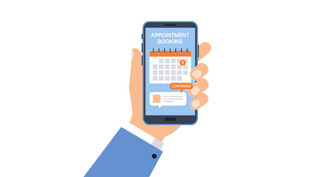 Online Appointment Booking Mobile App Concept - Hand Holding Smartphone with Calendar Scheduler and Confirmed Notification Vector Illustration