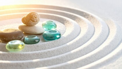 Naklejka premium Zen garden with smooth pebbles and polished blue glass orbs on a raked sand surface