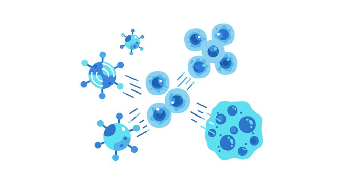 Scientific Vector Illustration of Blue Pathogen Cells and Viruses Interacting for Medical Research and Microbiology Concepts on White Background