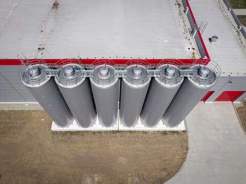 Aerial view of the industrial silos at OSM Bierun in Bierun, Poland.